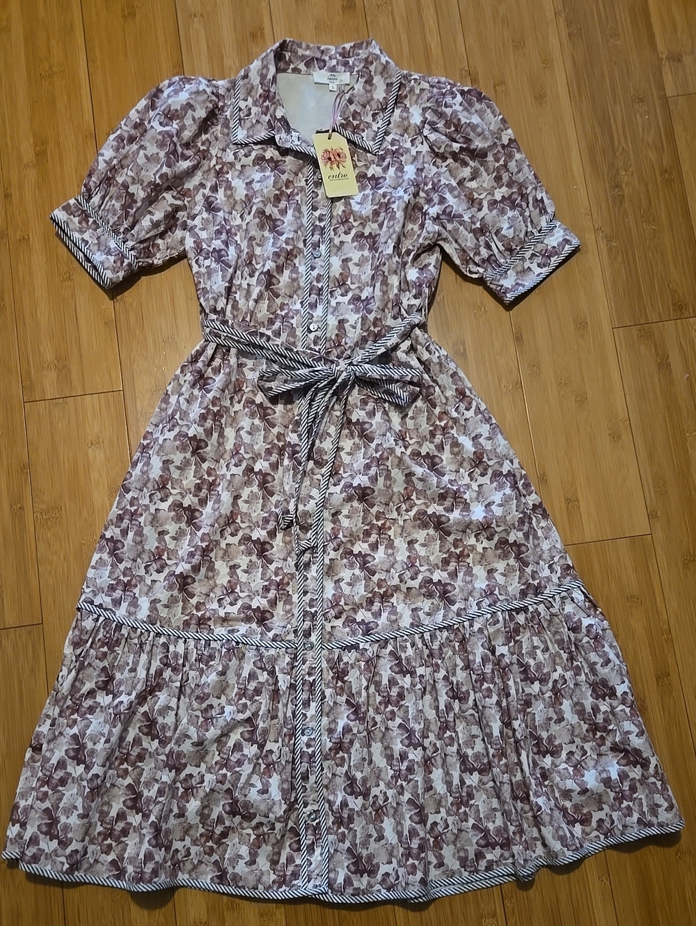 NWT Entro Brown Floral Midi Shirt Dress with Tie Waist - S - Picture 2 of 8